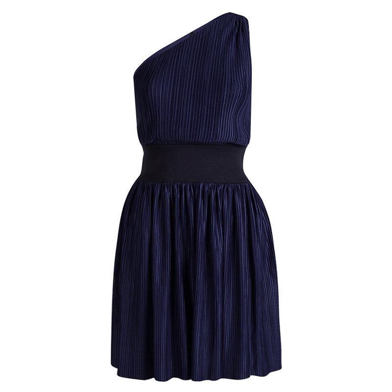 Pre Owned Emporio Armani Navy Blue Plisse One Shoulder Dress S
