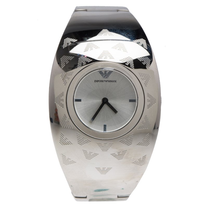Emporio Armani Silver Etched Logo Stainless Steel Ar 5785 Women S Cuff Bracelet Wristwatch 35mm Emporio Armani Tlc