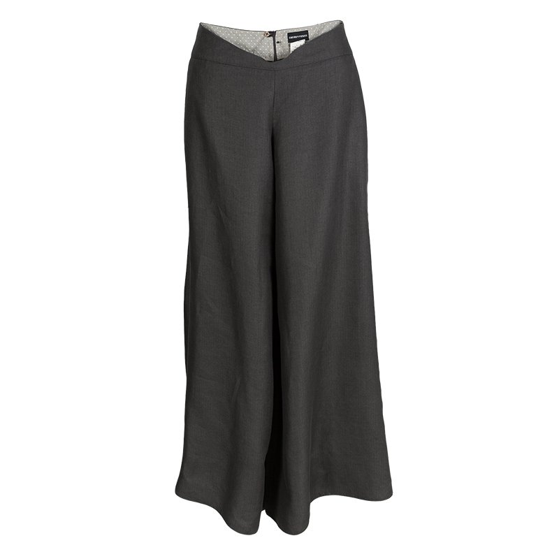 Pre Owned Emporio Armani Grey Linen High Waist Wide Leg Pants M