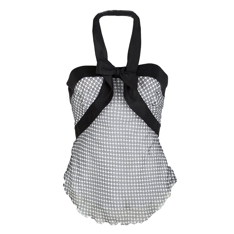 Pre Owned Emporio Armani Monochrome Dot Printed Silk Chiffon Halter Top M