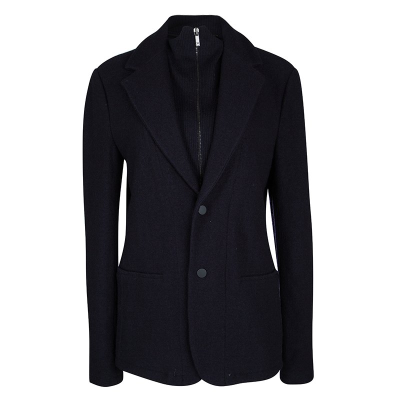 Pre Owned Emporio Armani Navy Blue Wool Faux Double Layer Jacket S