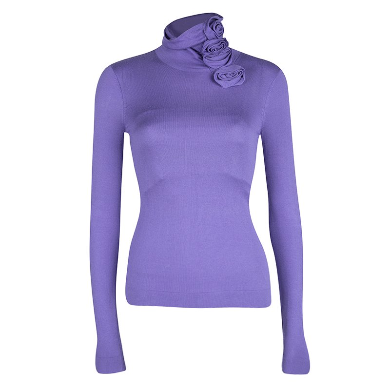 Emporio Armani Purple Knit Floral Applique Turtleneck Detail Long Sleeve Top S