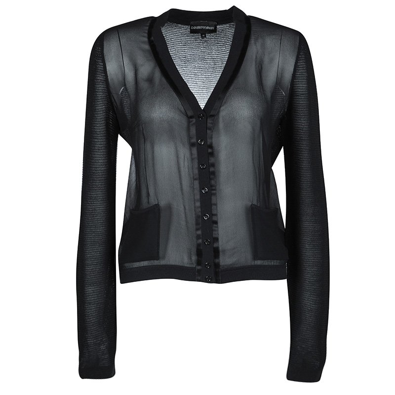 Pre Owned Emporio Armani Black Knit Combination Fabric Detail Cardigan M