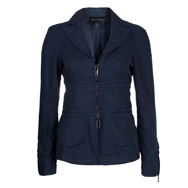 Pre Owned Emporio Armani Navy Blue Notched Collar Cotton-Linen Jacket S
