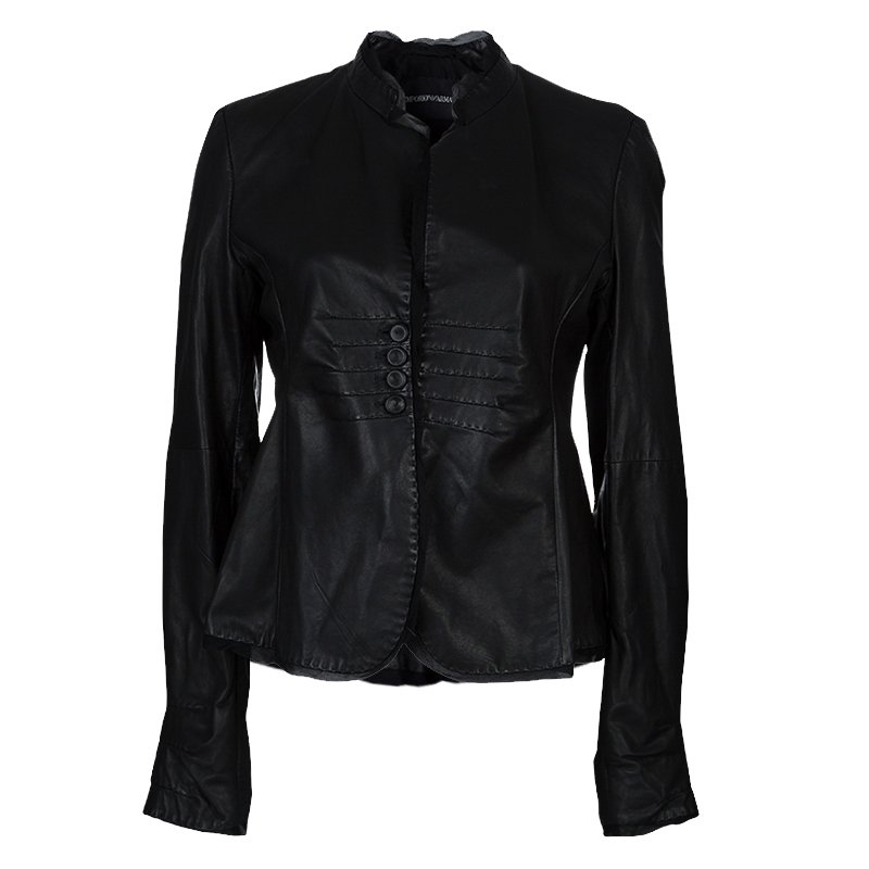 Pre Owned Emporio Armani Black Leather Chiffon Trim Fitted Jacket L