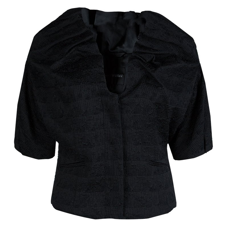 Pre Owned Emporio Armani Black Textured Draped Collar Cropped Jacket M