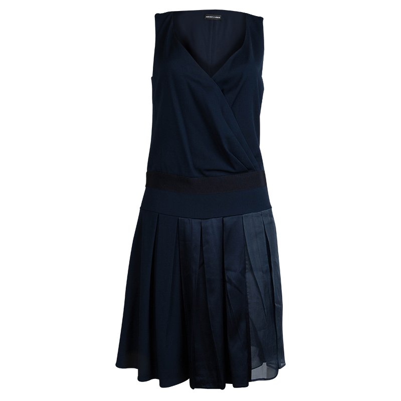 Pre Owned Emporio Armani Navy Blue Box Pleated Overlap Sleeveless Dress S                                    