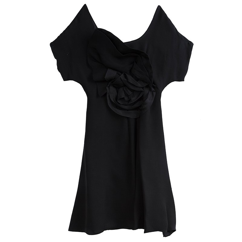 Pre Owned Emporio Armani Black Silk Rose Detail Dress S