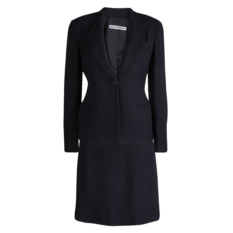 Pre Owned Emporio Armani Navy Blue Textured Chevron Pattern Skirt Suit S