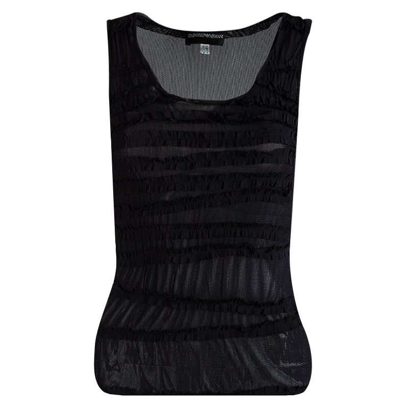 Pre Owned Emporio Armani Black Ruffle Detail Sleeveless Sheer Top S