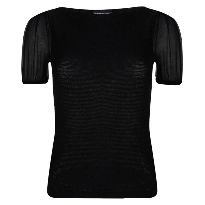 Pre Owned Emporio Armani Black Rib Knit Short Sleeve Top S