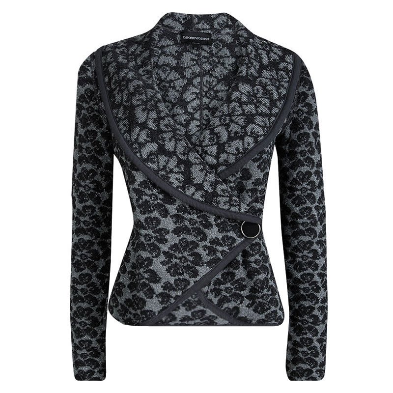 Pre Owned Emporio Armani Grey Floral Lurex Jacquard Cropped Cardigan M