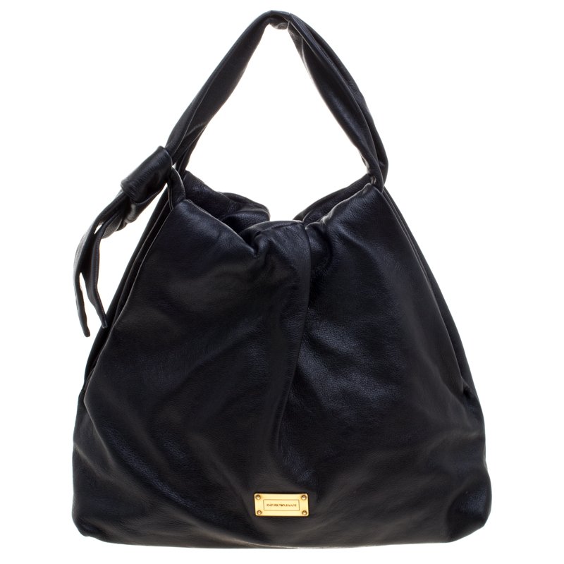 Pre Owned Emporio Armani Black Leather Bow Hobo