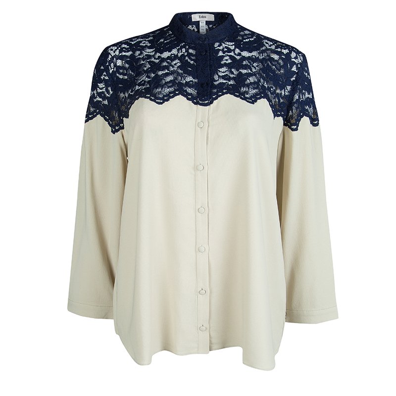 Pre Owned قميص ايرديم بيج مزين بدانتيل متباين بأكمام طويلة وأزرار أمامية L