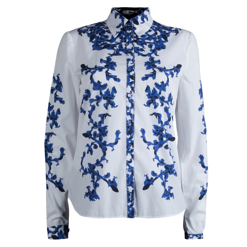 Erdem White and Blue Printed Long Sleeve Button Front Cotton Shirt S