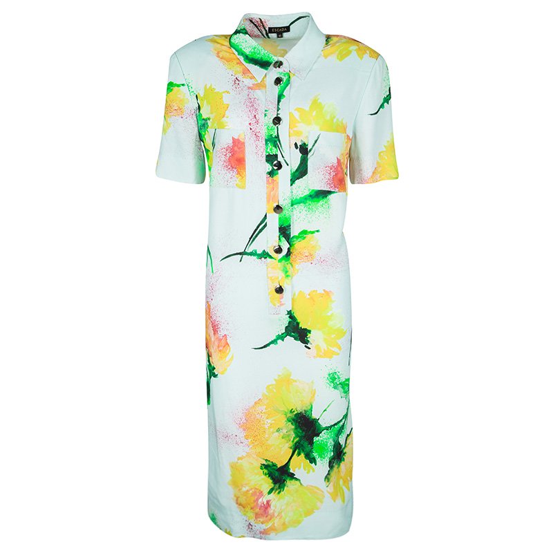 Pre Owned Escada Mint Cream Floral Print Dallinata Dress L