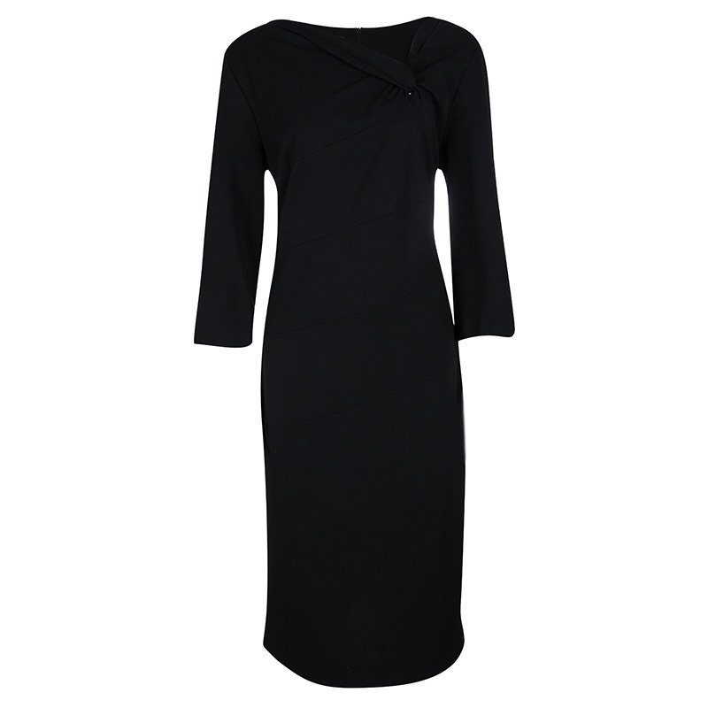 Pre Owned Escada Black Scuba Knot Detail Long Sleeve Dress L