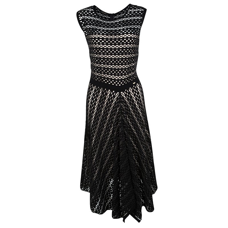 Escada Black Perforated Knit Sleeveless Asymmetric Bottom Dress XL