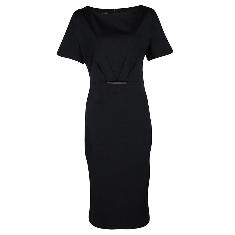 Pre Owned Escada Black Waist Plaque Detail Short Sleeve Dress M