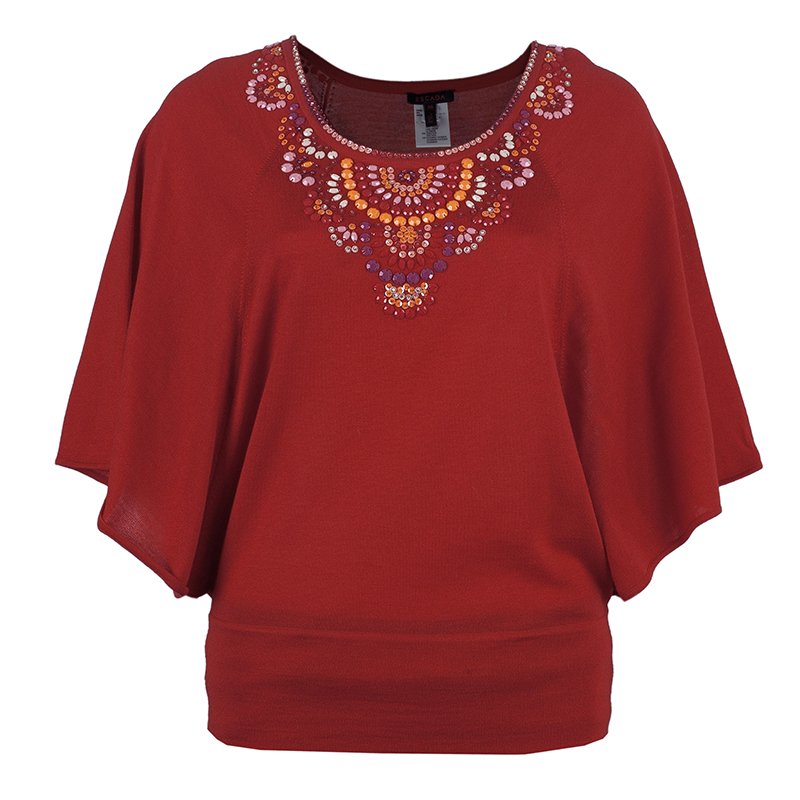 Pre Owned Escada Red Knit Embellished Top S