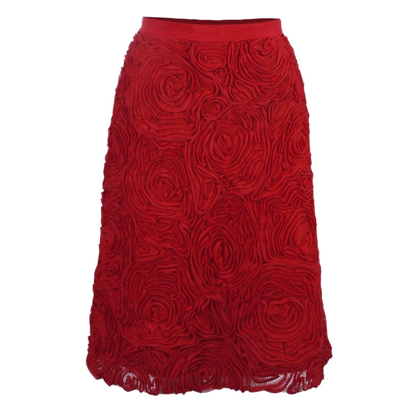 Pre Owned Escada Red Rose Detail Skirt S