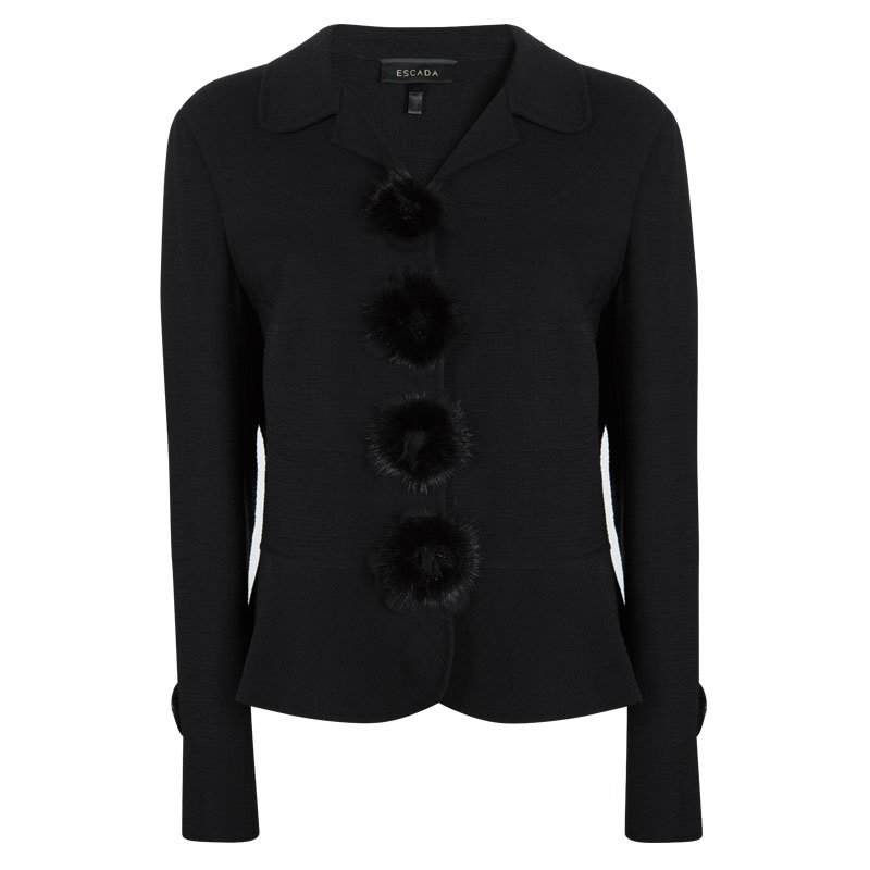 Escada Black Textured Wool Mink Trim Jacket M