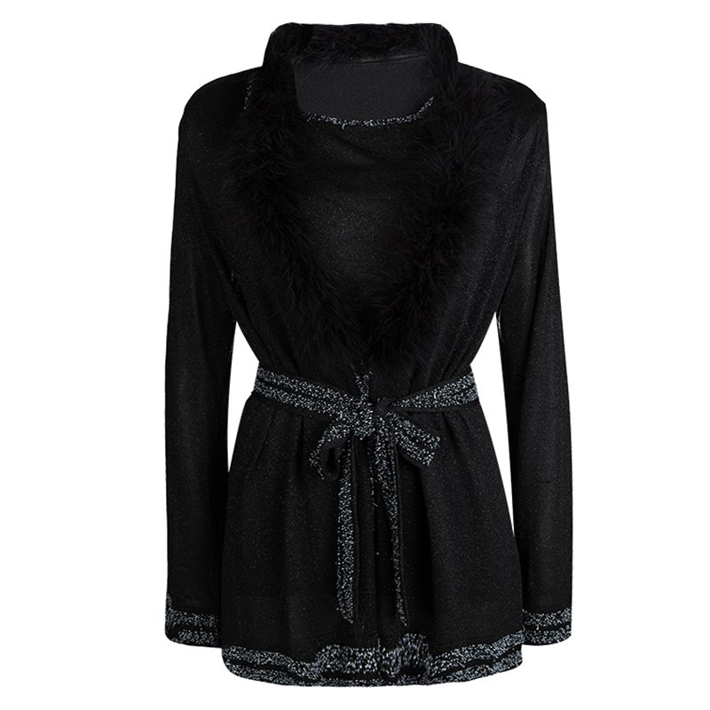 Pre Owned Escada Black Lurex Knit Fur Trim  Beaded Cardigan and Sleeveless Top Set M