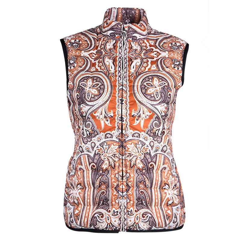 Pre Owned Etro Orange Paisley Printed Quilted Puffer Vest S