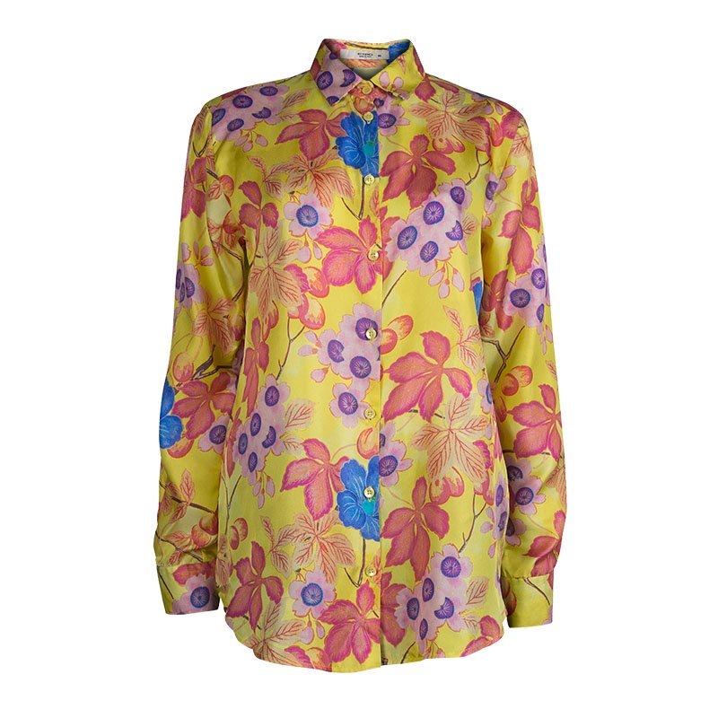 Etro Yellow Floral Printed Silk Long Sleeve Button Front Shirt L