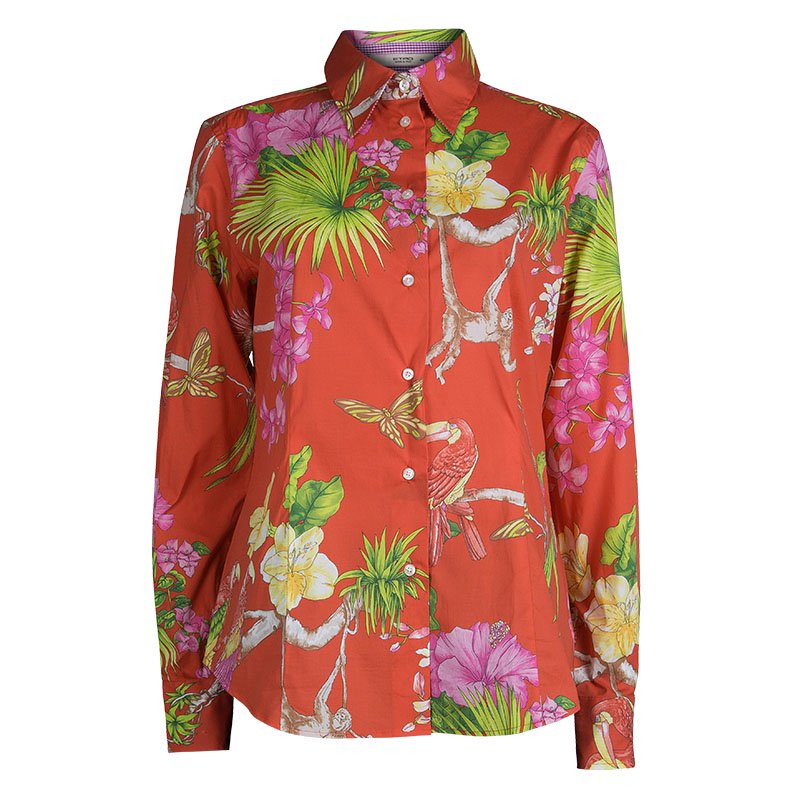 Pre Owned قميص إيترو قطن أحمر طباعة موردة بأكمام طويلة وأزرار أمامية L