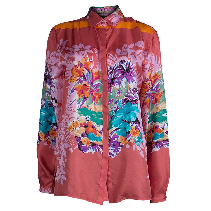 مملوكة مسبقًا قميص إيترو حرير مطبوع مورد بأكمام طويلة أزرار أمامية L