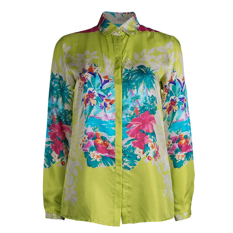Pre Owned Etro Lime Green Floral Printed Silk Long Sleeve Button Front Shirt S