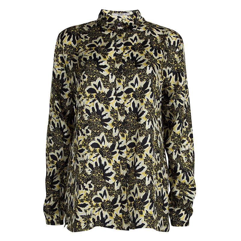 مملوكة مسبقًا قميص إيترو حرير أسود وأصفر مورد بأكمام طويلة وأزرار أمامية L