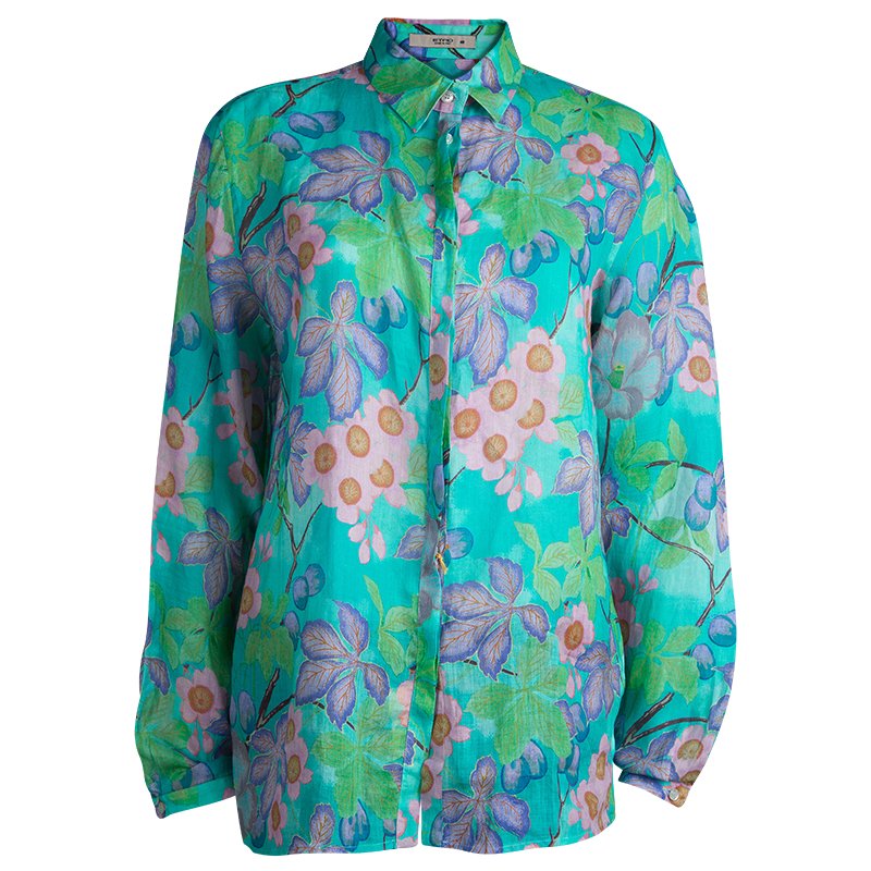 Pre Owned قميص إيترو أخضر مورد مطبوع بأكمام طويلة أزرار أمامية L