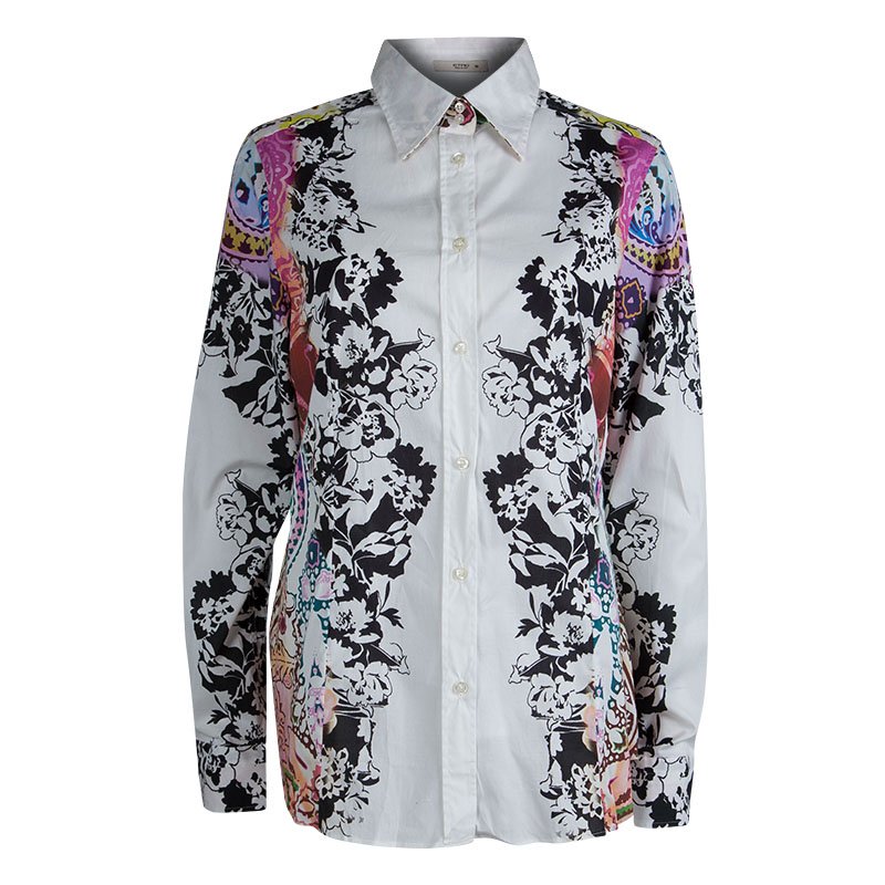 Pre Owned Etro White Floral Printed Long Sleeve Button Front Cotton Shirt XL
