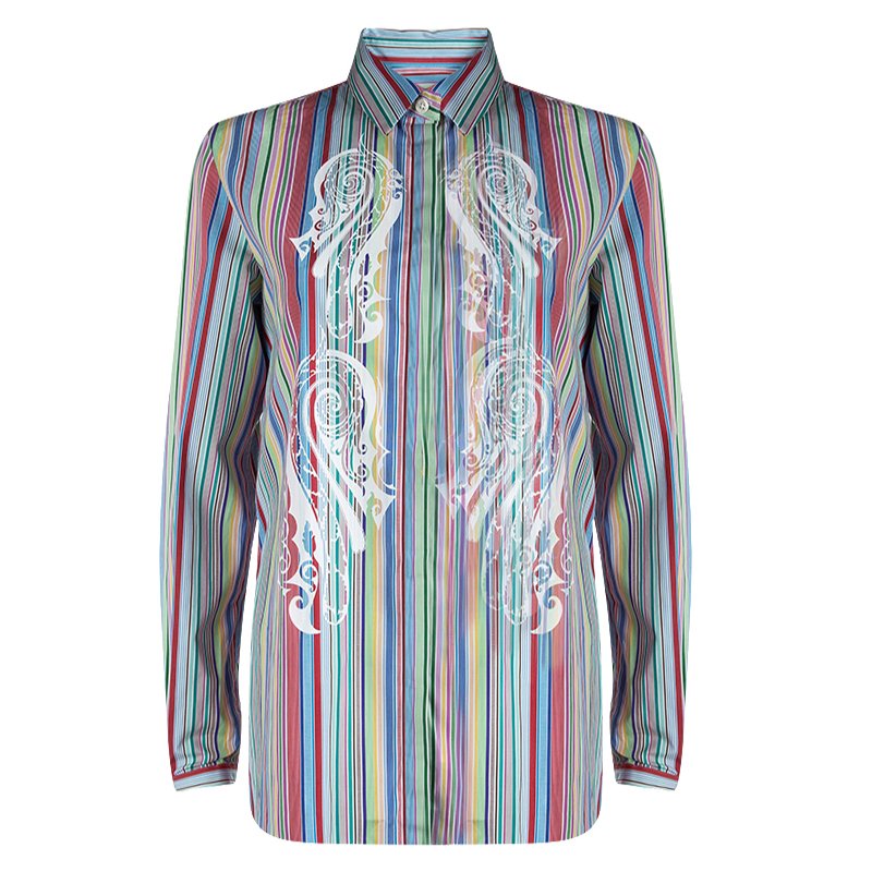 Pre Owned Etro Multicolor Striped Printed Cotton Long Sleeve Shirt M
