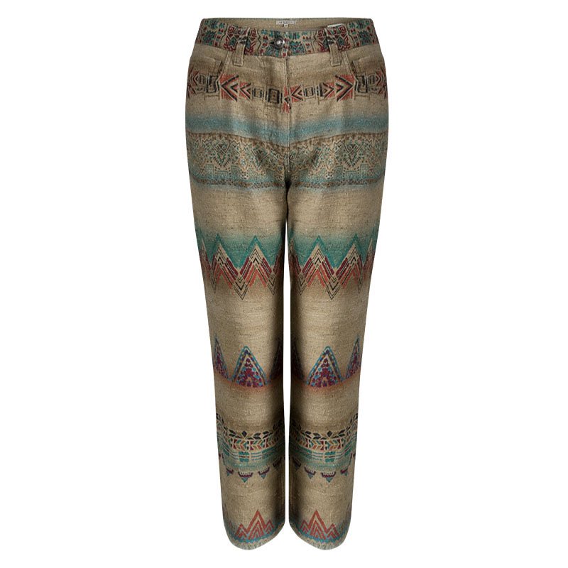 Etro Beige Aztec Printed Textured Fringed Bottom Trousers S