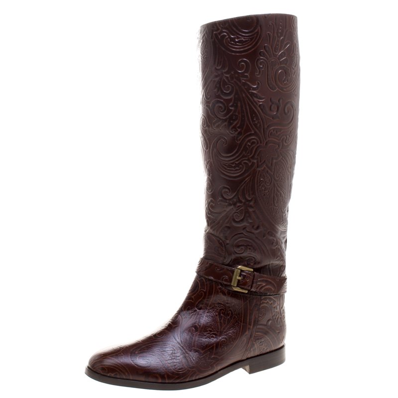 Pre Owned Etro Brown Paisley Embossed Leather Knee High Boots Size 40