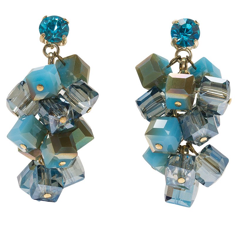Etro Blue Crystal Cubes Gold Tone Dangle Earrings