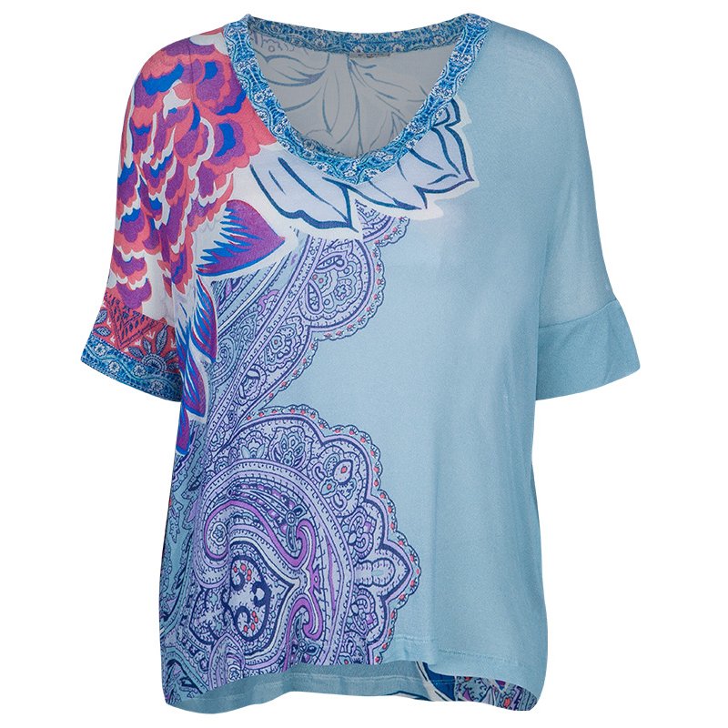 Pre Owned Etro Blue Multicolor Print Short Sleeve Sweater S