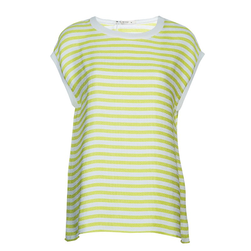 Pre Owned توب ايترو بأكمام قصيرة مقلم أخضر L