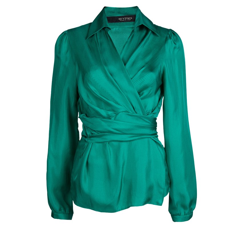 مملوكة مسبقًا Etro Green Silk Draped Long Sleeve Wraparound Blouse M