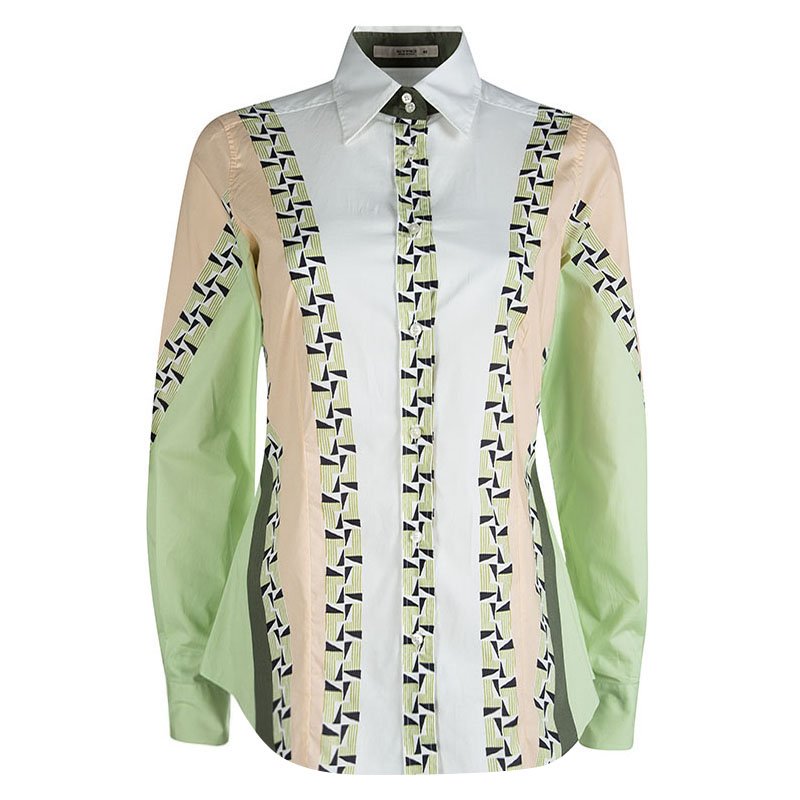 Pre Owned قميص إيترو بكم طويل وأزرار أمامية كتل لونية قطن منقوش M