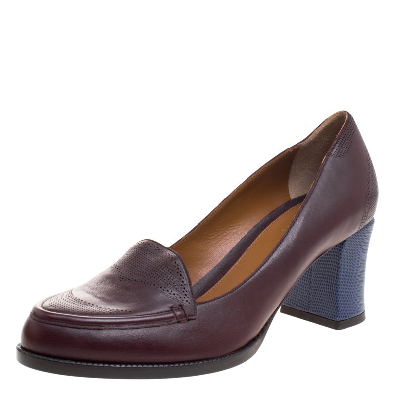 Pre Owned Fendi Burgundy Leather Austin Block Heel Pumps Size 42