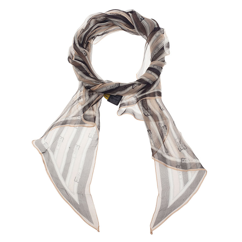 Pre Owned Fendi Two Tone Silk Striped Buckle Print Scarf 