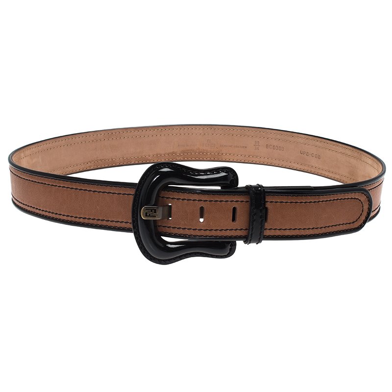 Pre Owned Fendi Black and Brown Leather B Belt 90CM