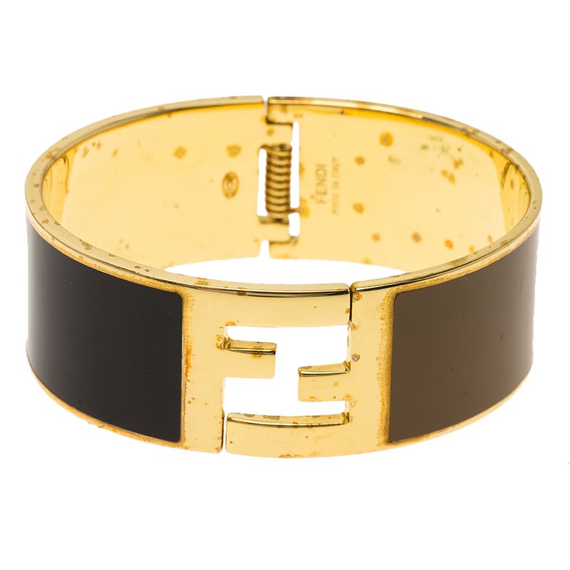 Pre Owned Fendi The Fendista Black & Brown Enamel Gold Tone Wide Bracelet 16cm