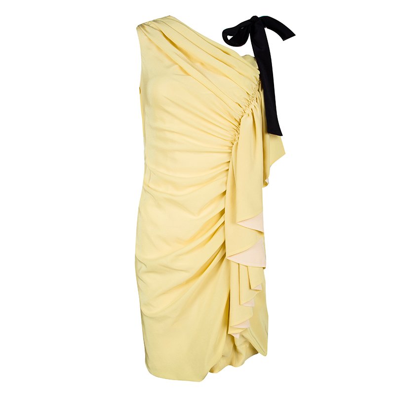 Pre Owned Fendi Yellow Draped Ruched Detail Contrast Strap Tunic M