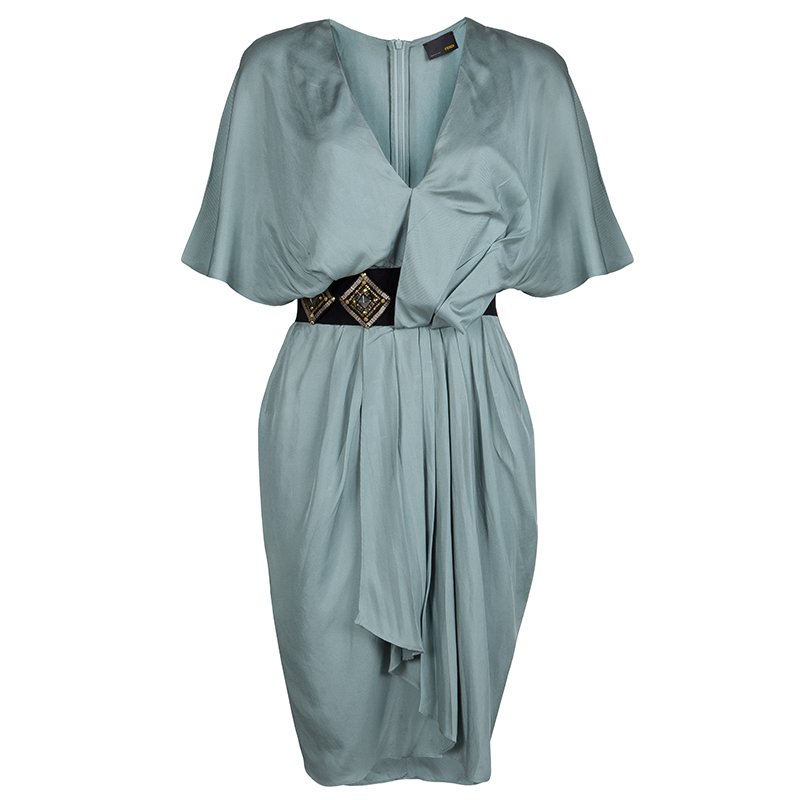 Pre Owned Fendi Grey Silk Embellished Waist Detail Draped Kimono Sleeve Dress S