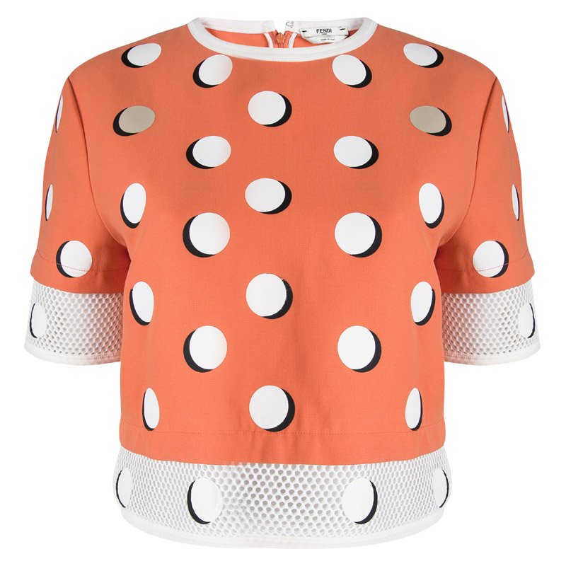 Pre Owned Fendi Orange Dotted Mesh Trim Detail Top M